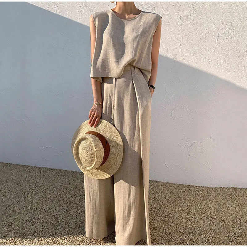 Elegant Cotton linen Women Suit Casual Loose Two-piece Sleeveless Top Wide-leg Pants Outfits Female Summer Solid Elegant Sets - Seprincess