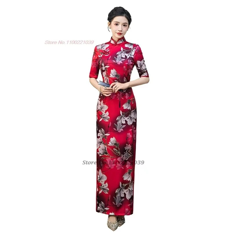 2024 chinese improved qipao vintage stage dress cheongsam national flower print formal qipao oriental banquet evening dress - Seprincess