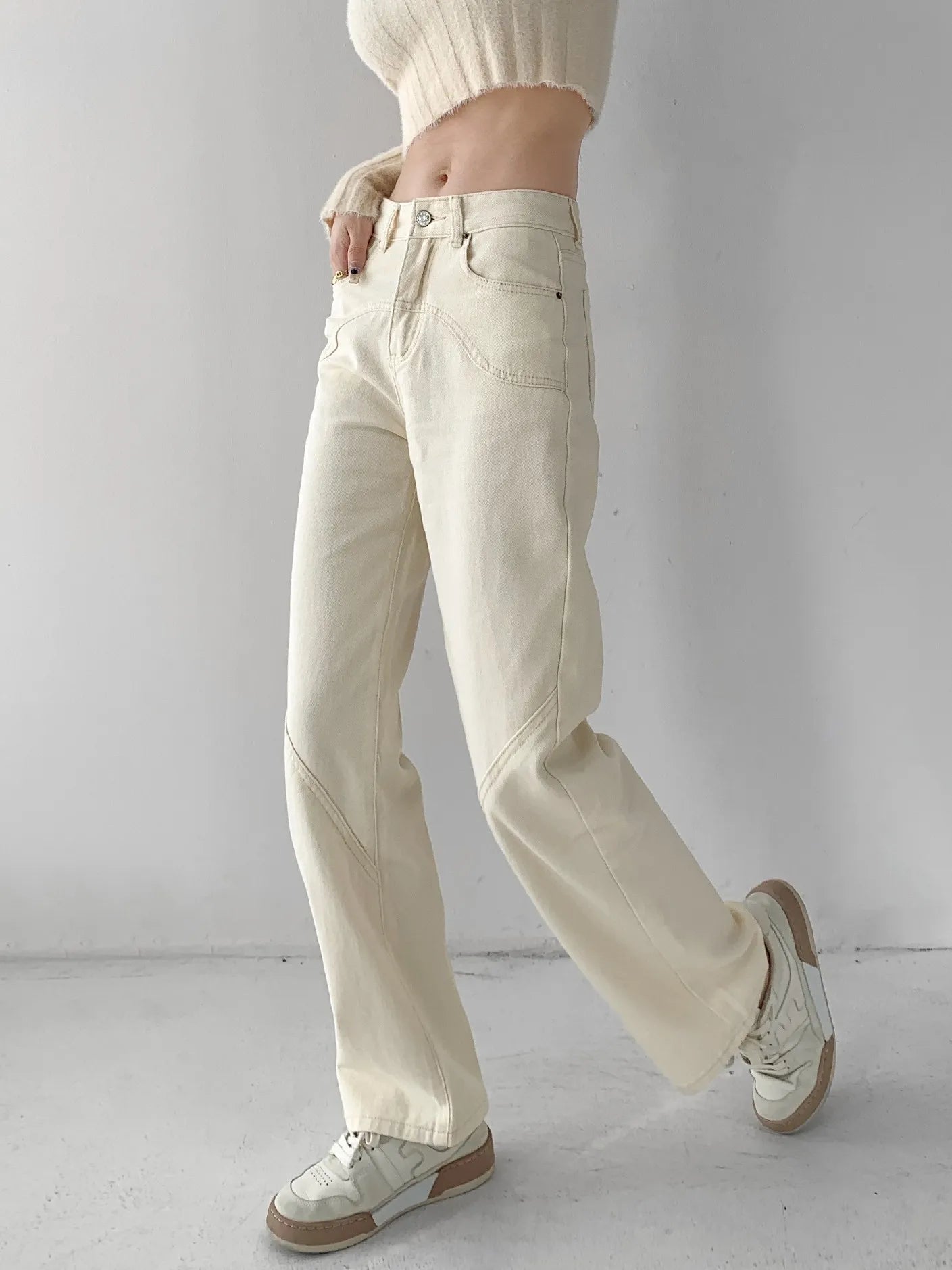 ZHISILAO Beige Straight Jeans for Women Vintage Casual Wide Leg High Waist Full Length Denim Pants Streetwear 2023