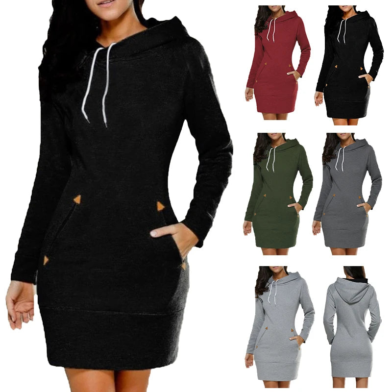 Fashion Sweatshirt Dresses for Women Pocket Hooded Casual Dress Solid Color Long Sleeve Mini Dress - Seprincess