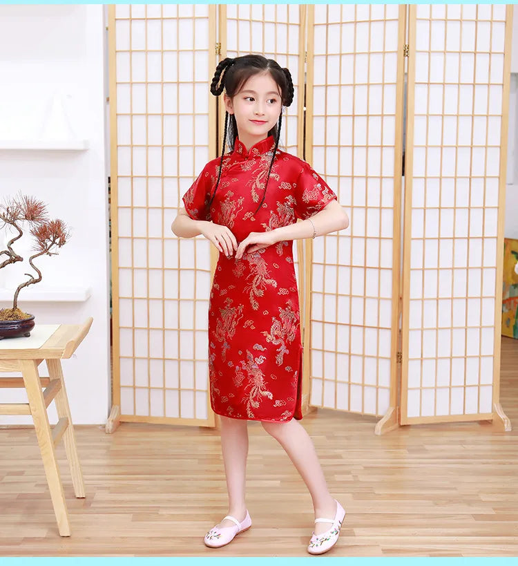 Classical Chinese Style Qipao Children Cheongsam Silk Brocade Princess Dress Baby Girl Print Cheongsams Handmade Button Clothing - Seprincess