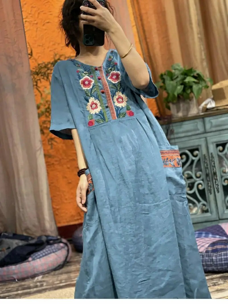 2023 Chinese national style linen embroidery v-neck button up skirt loose vintage dress women loose dress cheongsam dress pd - Seprincess