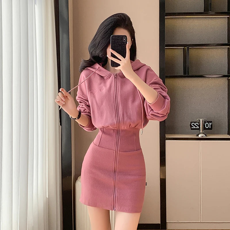 Korean Fashion Hoodie Dress Women Autumn Winter Long Sleeve Cat Ear Mini Dress Bodycon Dress Vestidos - Seprincess