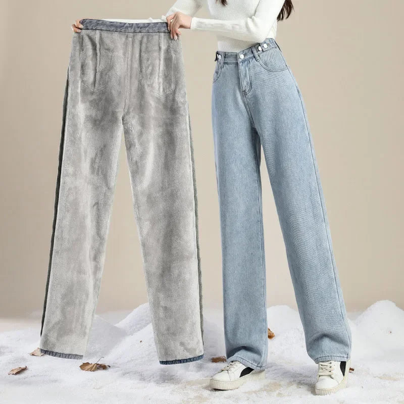 Winter Warm Jeans Women Loose Thick Plus Velvet High Waist Wide Leg Jeans Pant Casual Straight Fleece Denim Trousers