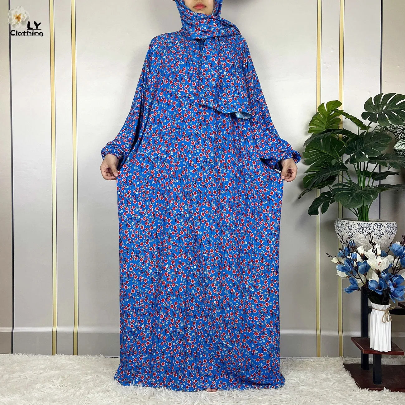 2024Latest Muslim Abayas For Women Ramadan Prayer Maxi Dubai Turkey Femme Cotton Robe Floral Loose African Dress Turban Attached - Seprincess