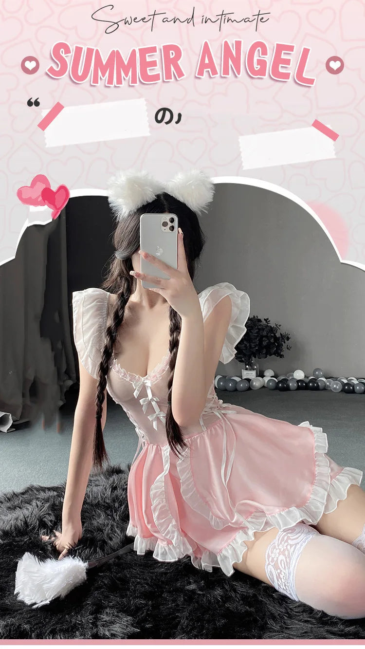 Erotic lingerie Maid's fluffy skirt with mesh transparent bow and lace Sexy women's costume 18 roles іgary Sex toys Sexy clothes - Seprincess