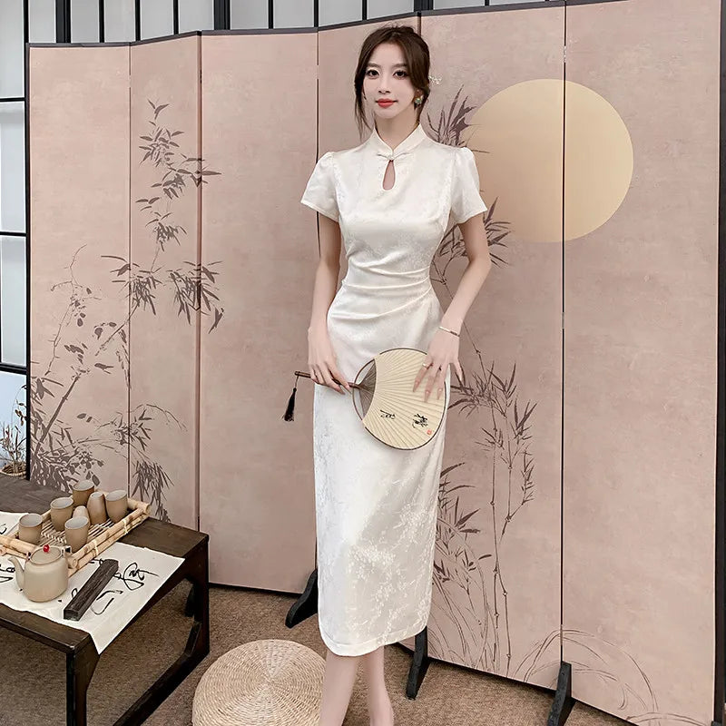 New Chinese Style Black Creamy-white Qipao Dress Women's Summer Slim Satin Modern Improved Cheongsam Evening Wear - Seprincess