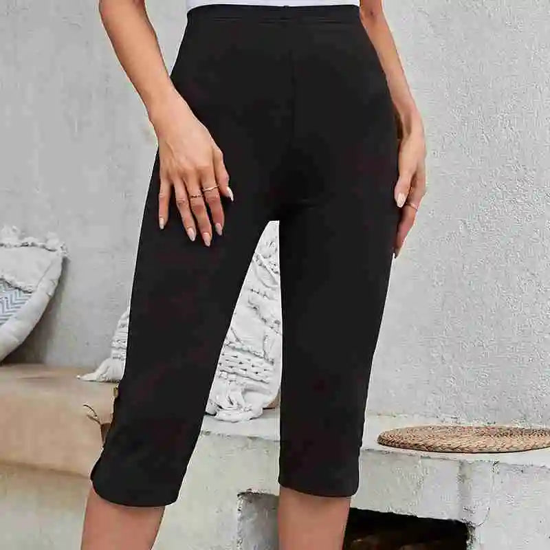 Women's Fashionable High Waisted Tight Capris Yoga Casual Solid Color Button Side Slit High Waisted Leggings