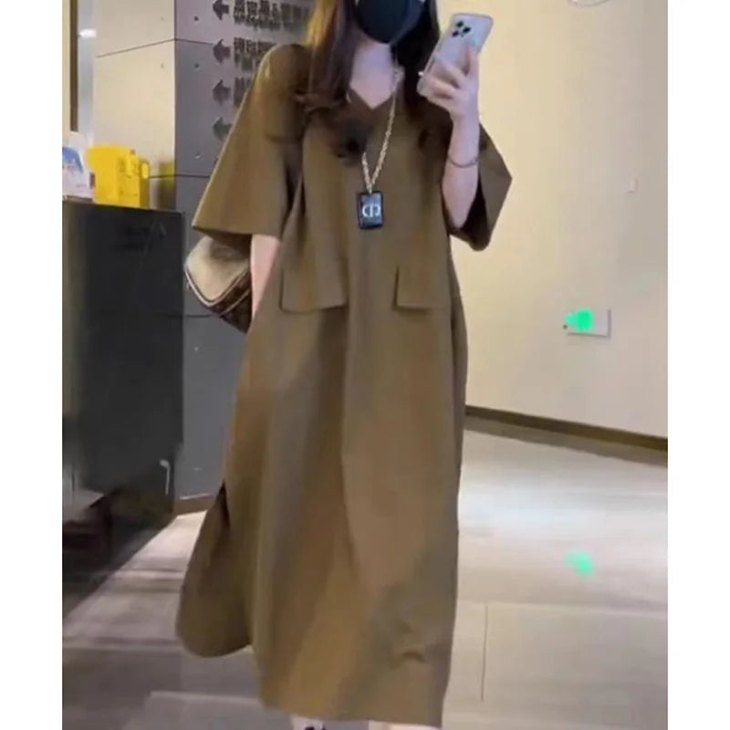 Fashion V-Neck Solid Color Spliced Pockets Loose Korean Long Dress Women's Clothing 2023 Summer New Oversized Casual Dresses - Seprincess