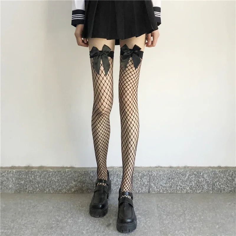 Black White Sexy Overknee Long Socks Women Sweet Girls Lolita Bowknot Thigh High Fishnet Stockings Gothic Punk Lace Mesh Legging