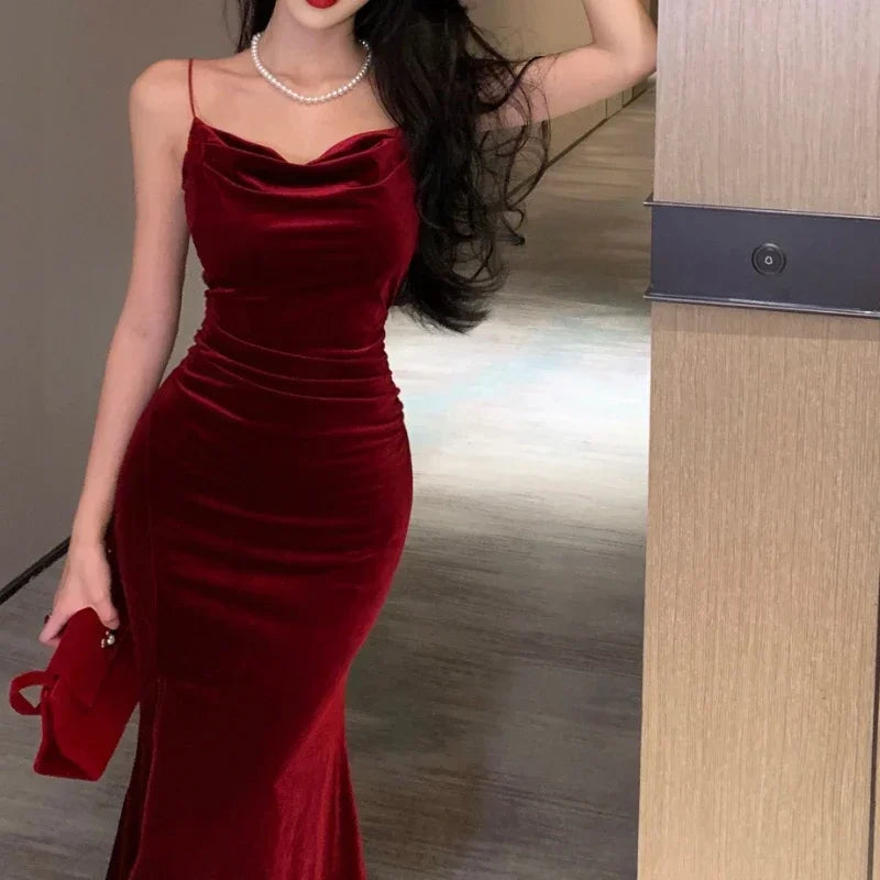 Vintage Sexy Club Prom Red Dresses for Women Spaghetti Strap Slit Velvet Dress Beach Bandage Bodycon Midi Dress Party Elegant - Seprincess