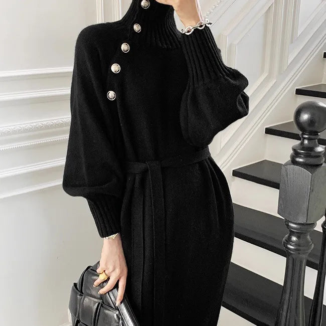 Women Dress Full Sleeve Button Irregular Long Dresses Turtleneck Party Slim Fit Lace Up Tight High Waist Elegant Vestidos - Seprincess