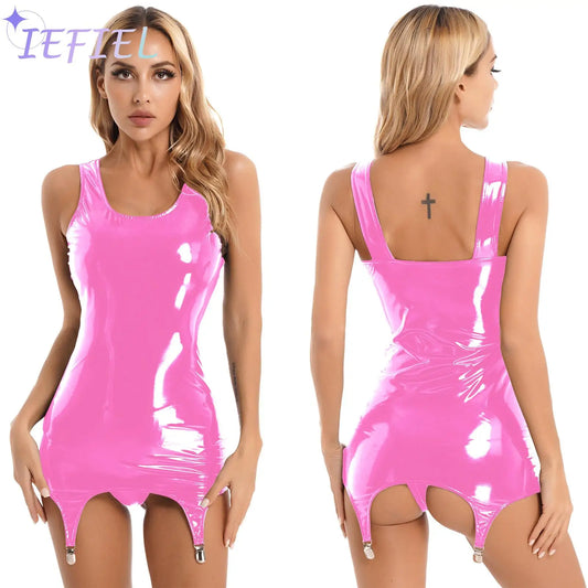 Women PVC Leather Wet Look Bodycon Pencil Package Hips Dress Tank Top Latex Short Miniskirt with Garter Belt - Seprincess