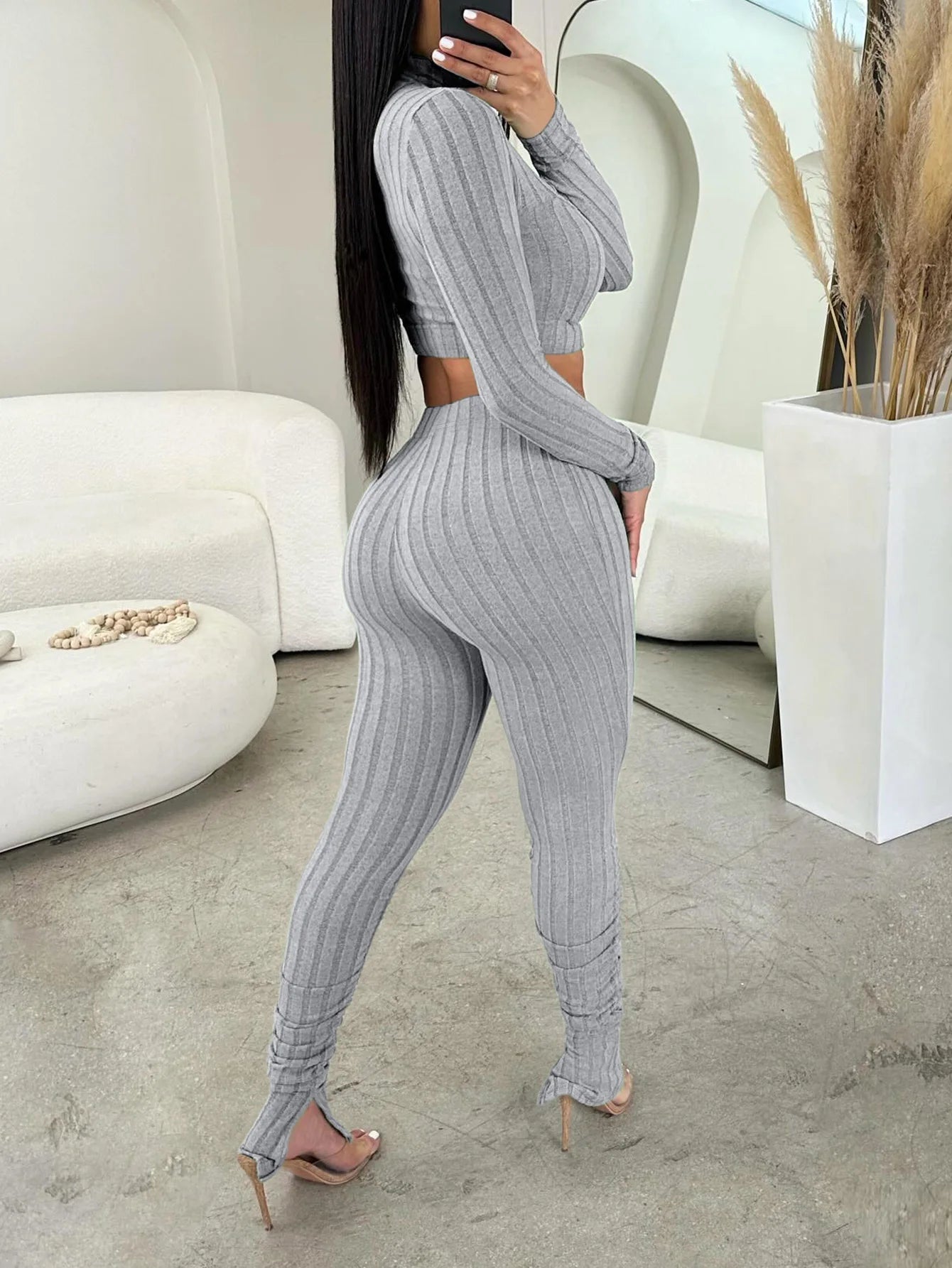 LW Autumn NEW long sleeve Turtleneck Cut Out Crop Top + Pants Set casual Two pieces sets Elegant women's matching sets - Seprincess