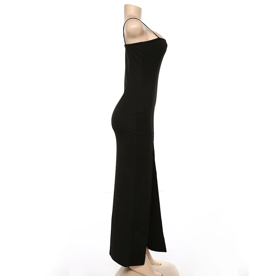 Spring and autumn camisole dress, straight neck, thin shoulder straps, split A-line long skirt - Seprincess