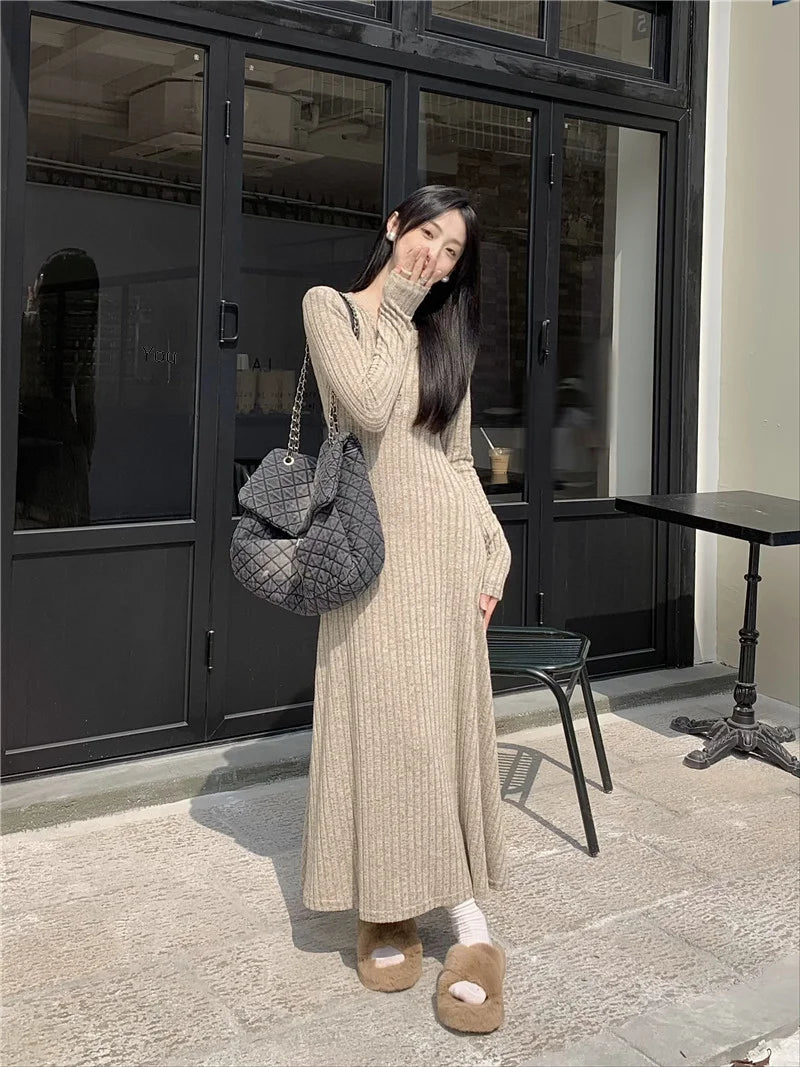 Vintage Versatile Knitted Long Sleeve Dress Women's Slimming A- line Skirt Autumn/winter Waist-fitted Long Dress - Seprincess