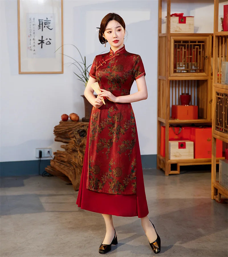 Burgundy Qipao Grace Improved Chinese Style Dresses Lady's Satin Cheongsam Summer Spring Ao Dai Flower Print Dress Oversize 4Xl - Seprincess