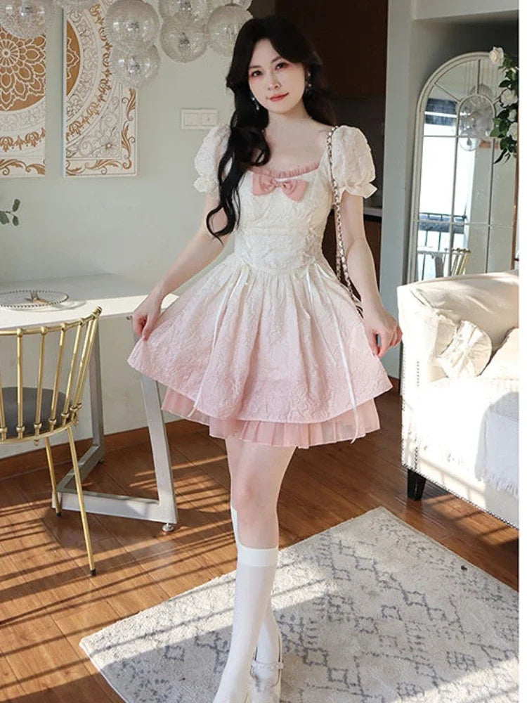 Bubble Sleeve Kawaii Lolita Mini Dress Women Pink Bow Princess Sweet Party Cute Dress A-Line Elegant Fairy Dress 2024 Spring New - Seprincess