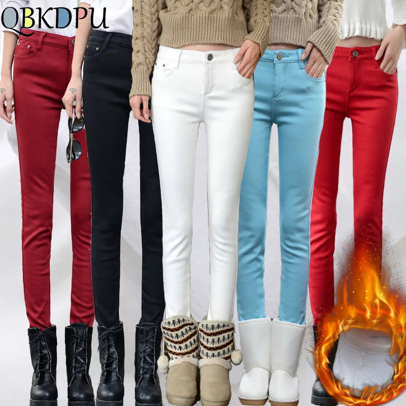 Korean Fashion Velvet Stretch Skinny Pant Women Mid Waist Warm Vaqueros Office Fleece Trousers Candy Colors Thick Winter Jeans