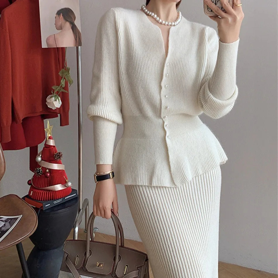 New Autumn Winter Dress Two Piece Sets Womens Outifits Korean Fashion Elegant Women's Cardigan Long Skirt Sets Female Clothing - Seprincess