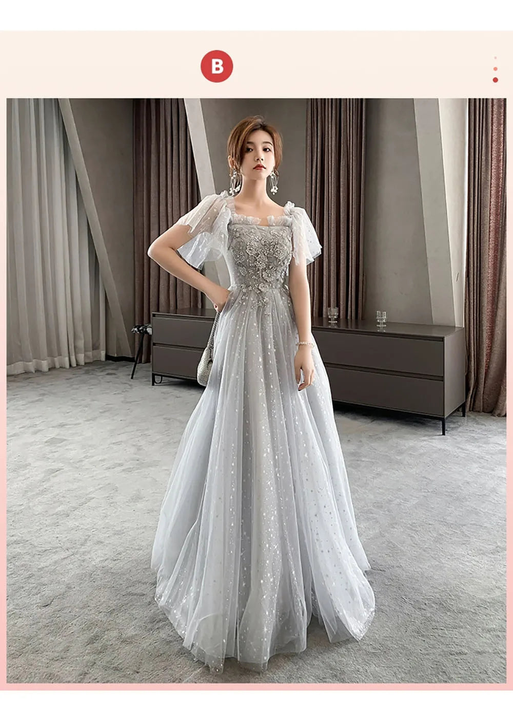 Bridesmaid Dress Women Lantern Sleeve Sequin Tulle Party Dresses Fairy Stage Performance Elegant Ladies Banquet Evening Gown - Seprincess