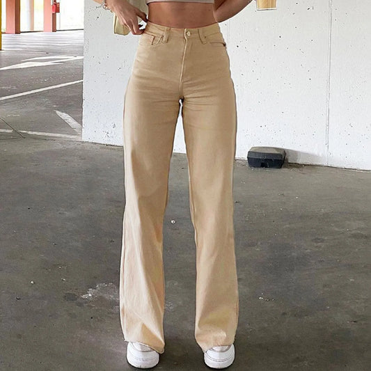 Ladies' Jeans Khaki High Waisted Retro Straight Leg Washed Denim Pants street Wear American Fashion Casual Wide Leg Trousers