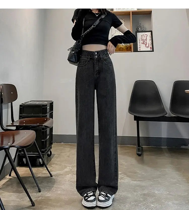 Solid Pockets Button High Waist Jeans Elegant Fashion Harajuku Slim Fit Female Clothes Casual Sweat All Match Straight Pants