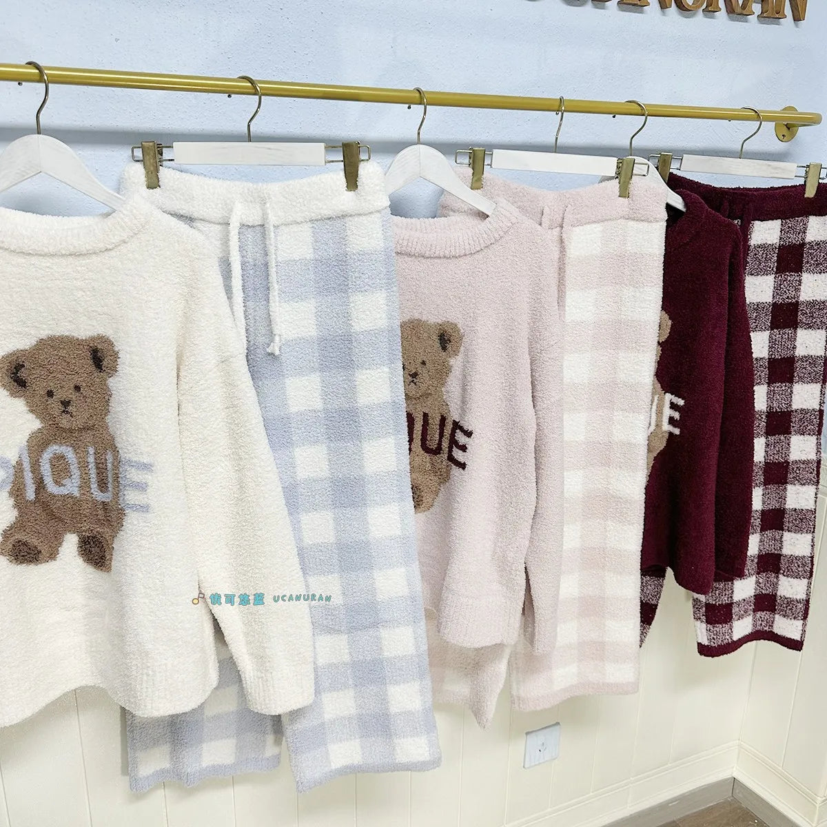 Japan Style Original New Year Teddy Bear Plaid Winter Thick Pajamas Knitted Sweaters Gown Wine Sleepwear Loungewear - Seprincess