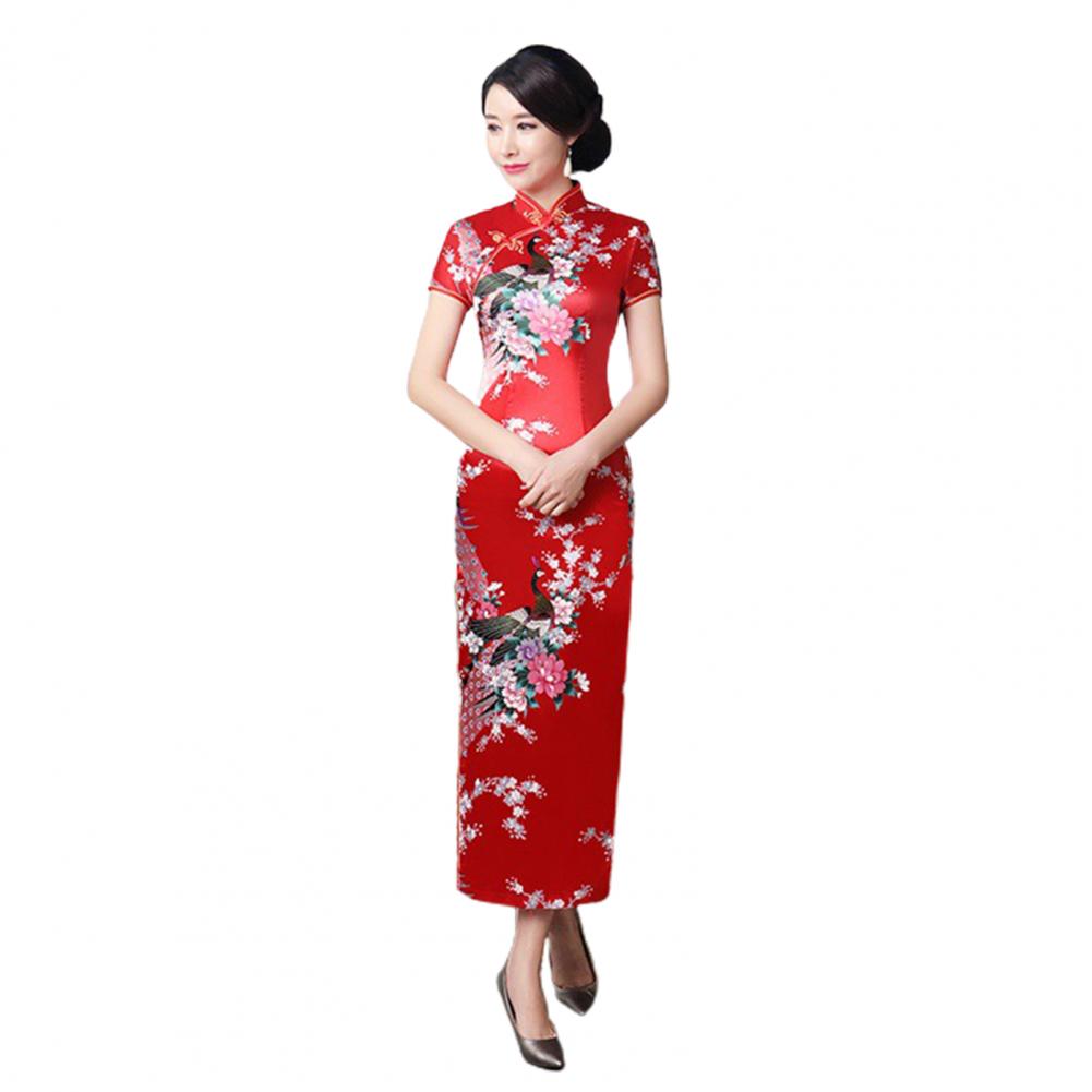 Chinese Style Qipao Satin Cheongsam Floral Embroidery Classic Wedding Evening Party Dress High Split Silky Plant Lady Dress - Seprincess