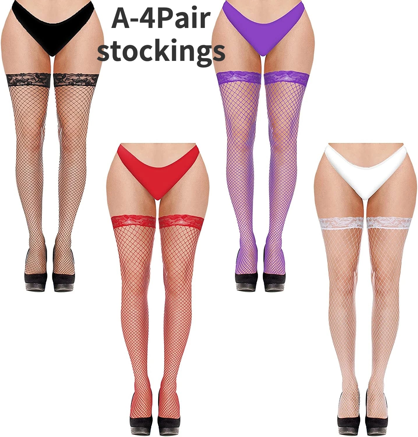 4 Pairs Women Stockings Fishnet Thigh High Top Over The Knee Stocking Sexy Women's Stockings with Lace Top Hosiery Club Wear