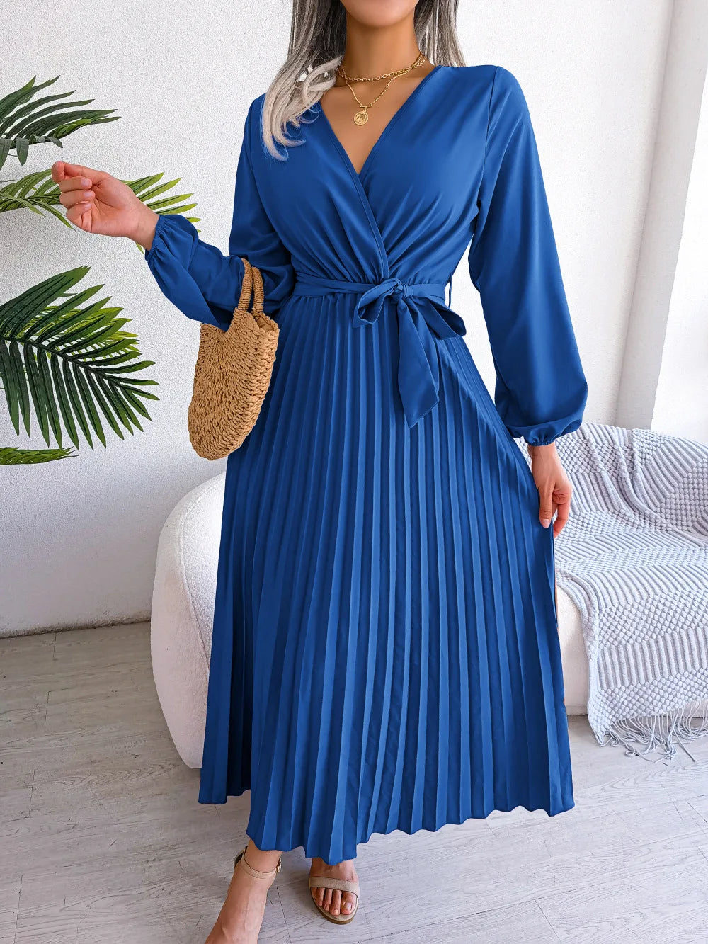 Women Elegant V Neck Long Sleeve Pleated Maxi Dress - Seprincess