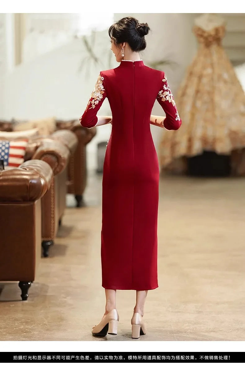 Burgundy Wedding Cheongsam Engagement Dress New Chinese Qipao Toast Clothes Retro Mandarin Collar Improved Sexy Slit Slim Dress - Seprincess