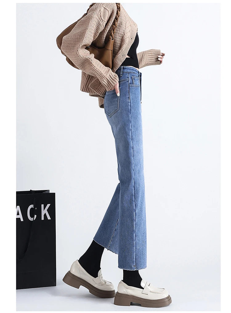 New Straight Denim Jeans Plus Velvet Autumn Winter Micro brushed Edge Elastic Pants High Waist Elastic Fleece Women's Trousers