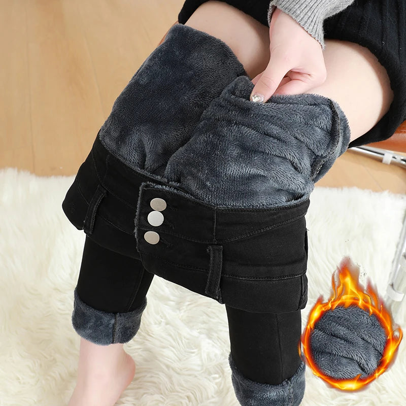 Black Fleece Warm Women Winter Jeans Thickened High Waist Multi-button Skinny Stretch Denim Pants Fashion Korean Female Trousers