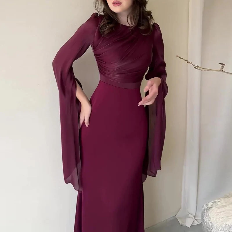 Fashion Satin Solid Robe Dress Ladies Temperament O-neck Slim Evening Dress Elegant Batwing Sleeves High Waist Pleats Long Dress - Seprincess