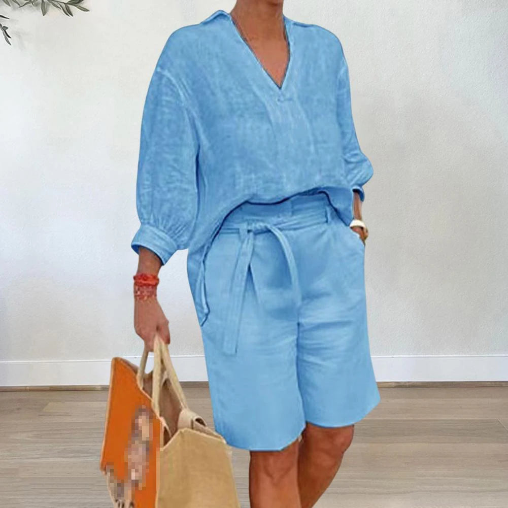 Women Suits Elegant Style Two Piece Set Half Sleeve V-Neck Casual Loose Shirt + Pocket Belt Shorts Summer Cotton Linen Outfits - Seprincess