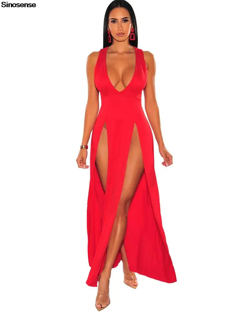 Sexy Deep V Neck High Split Bodycon Cocktail Party Maxi Dress Women Formal Evening Dress Solid Red Summer Long Club Dress - Seprincess