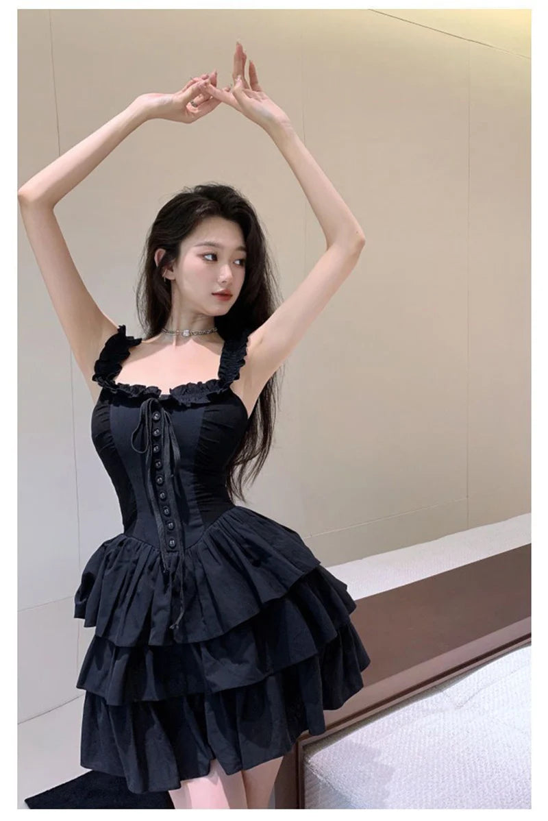 Jmprs Sexy Slip Lolita Style Black Dress Women Vintage Sleeveless Y2K Mini Dress Summer Slim Sweet Korean Lace Up Cake Dress New - Seprincess