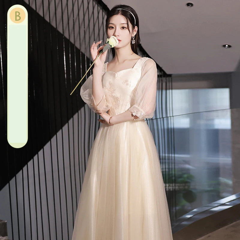 Champagne Bridesmaid Dress Women's Sweet Tulle Embroidery New Temperament Sisters Evening Dresses A-Line Wedding Party Gown - Seprincess