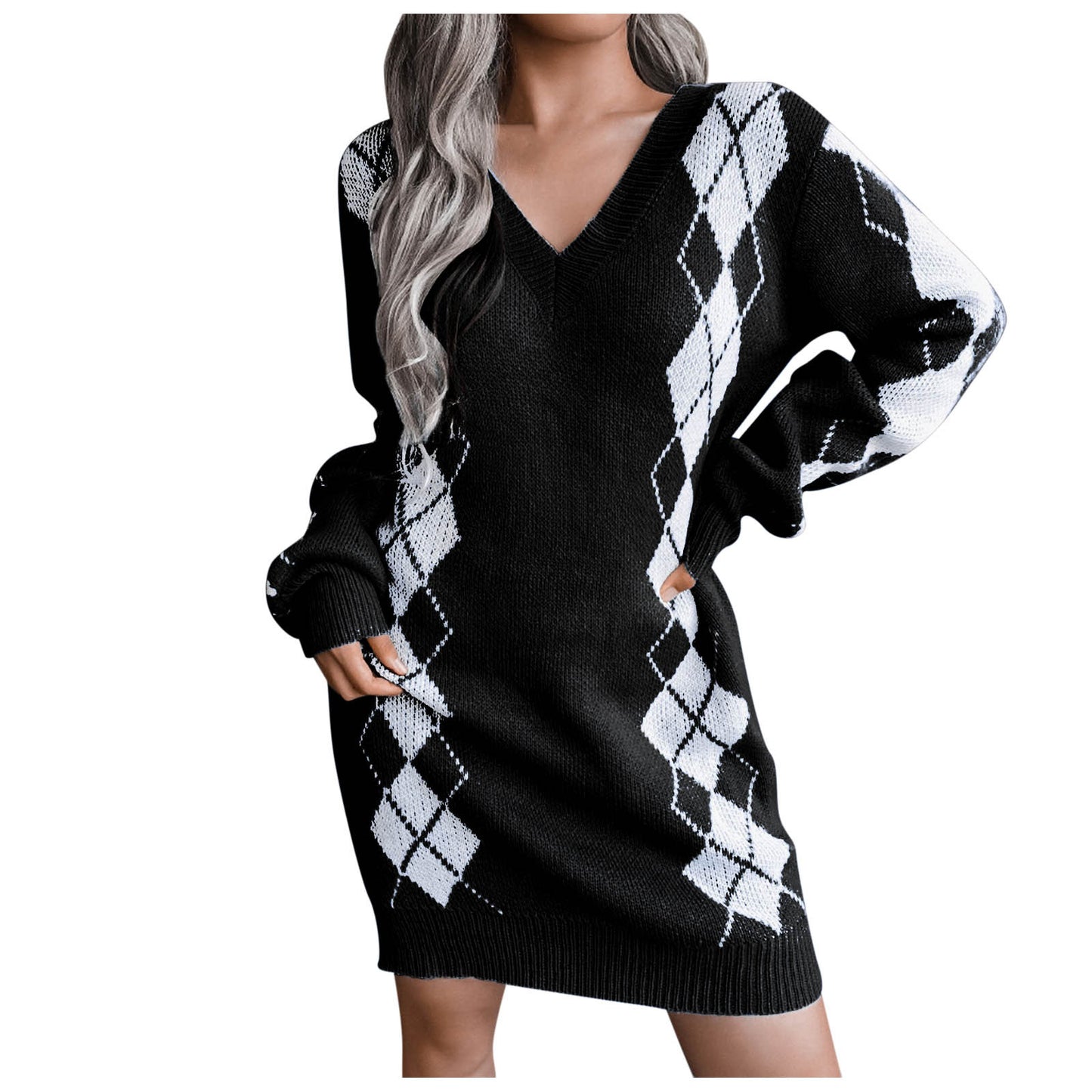 Women'S Autumn And Winter V-Neck Sweater Wrapped Dress Long Sleeve Dress Cembroidery Printing Dress Loose Cardigan For Women 원피스 - Seprincess