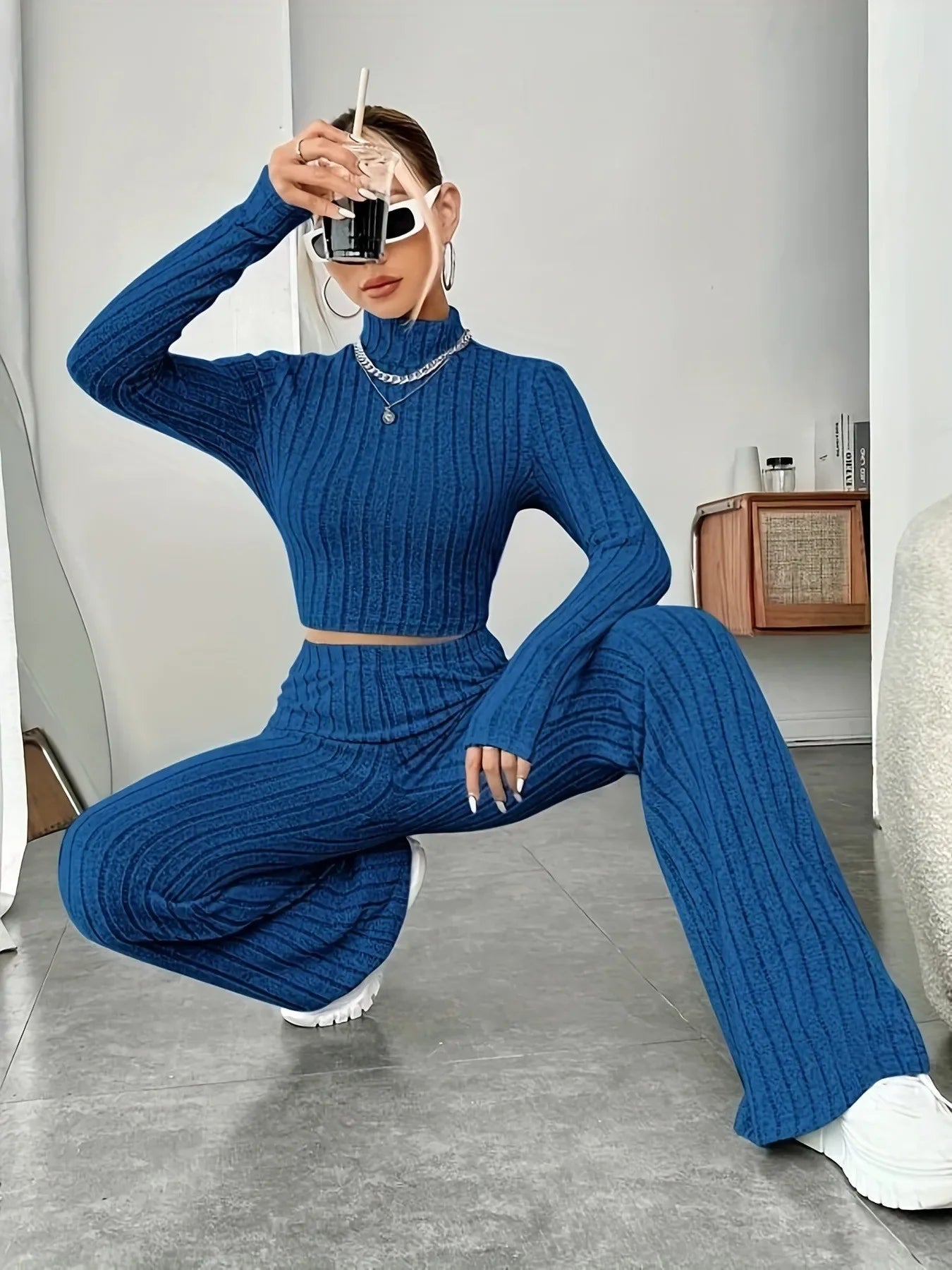 Elegant Women's Sets 2024 Autumn Hight Waist Casual Knit Pants Sets Korean Fashion Turtleneck Pullover 2 Piece Sets Women Outfit - Seprincess