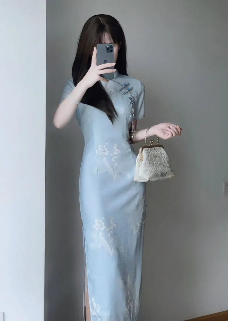 2024 Summer Cheongsam Improved Elegant Qipao Daily Slim Fit Blue Gentle Comfortable Qipao Long Vintage Dress - Seprincess