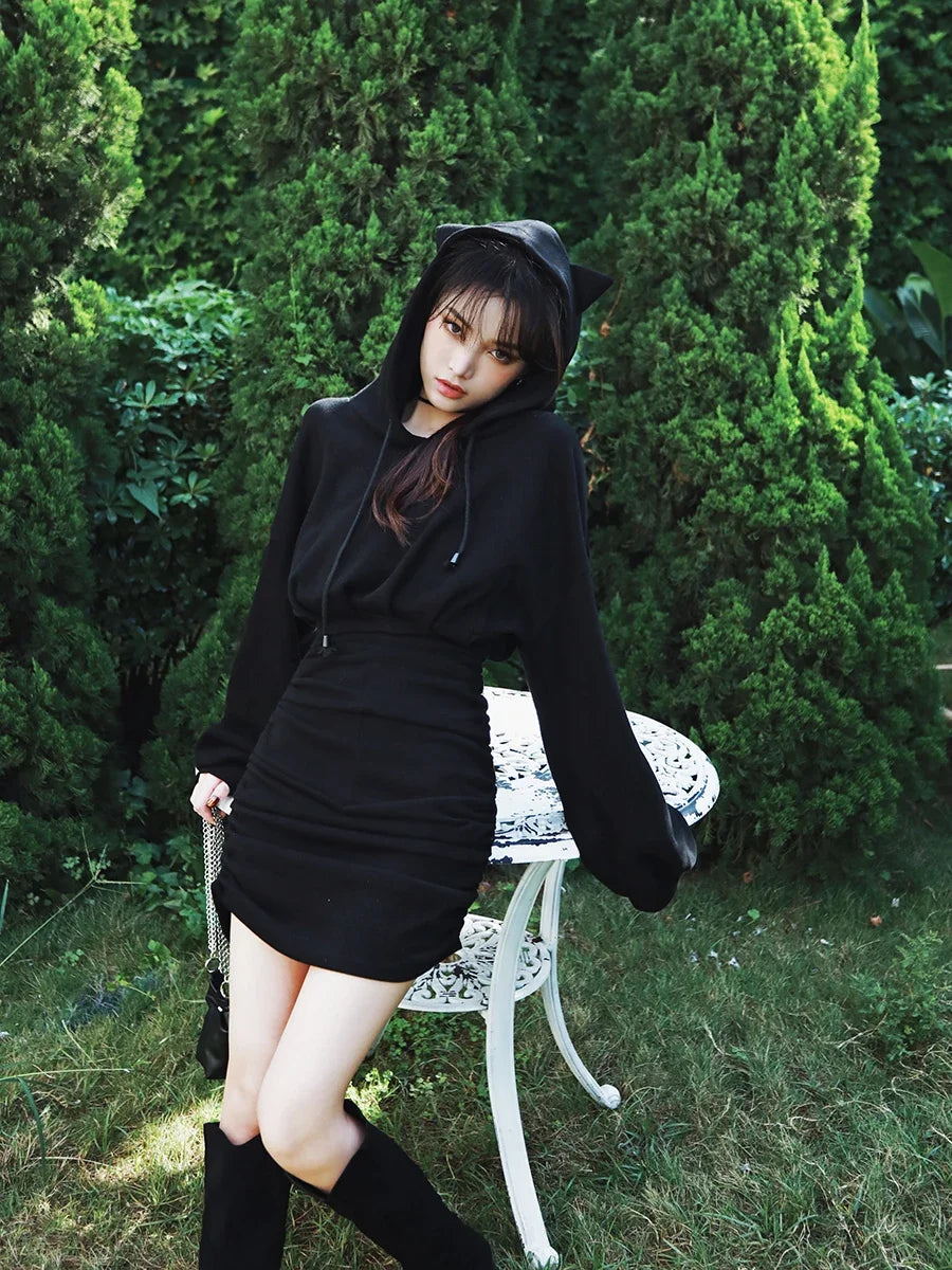 Ruibbit Japanese Autumn Winter Women Gothic Girls Punk Mini Dress High Quality Long Sleeve Hat Collar Sexy Black Dresses - Seprincess