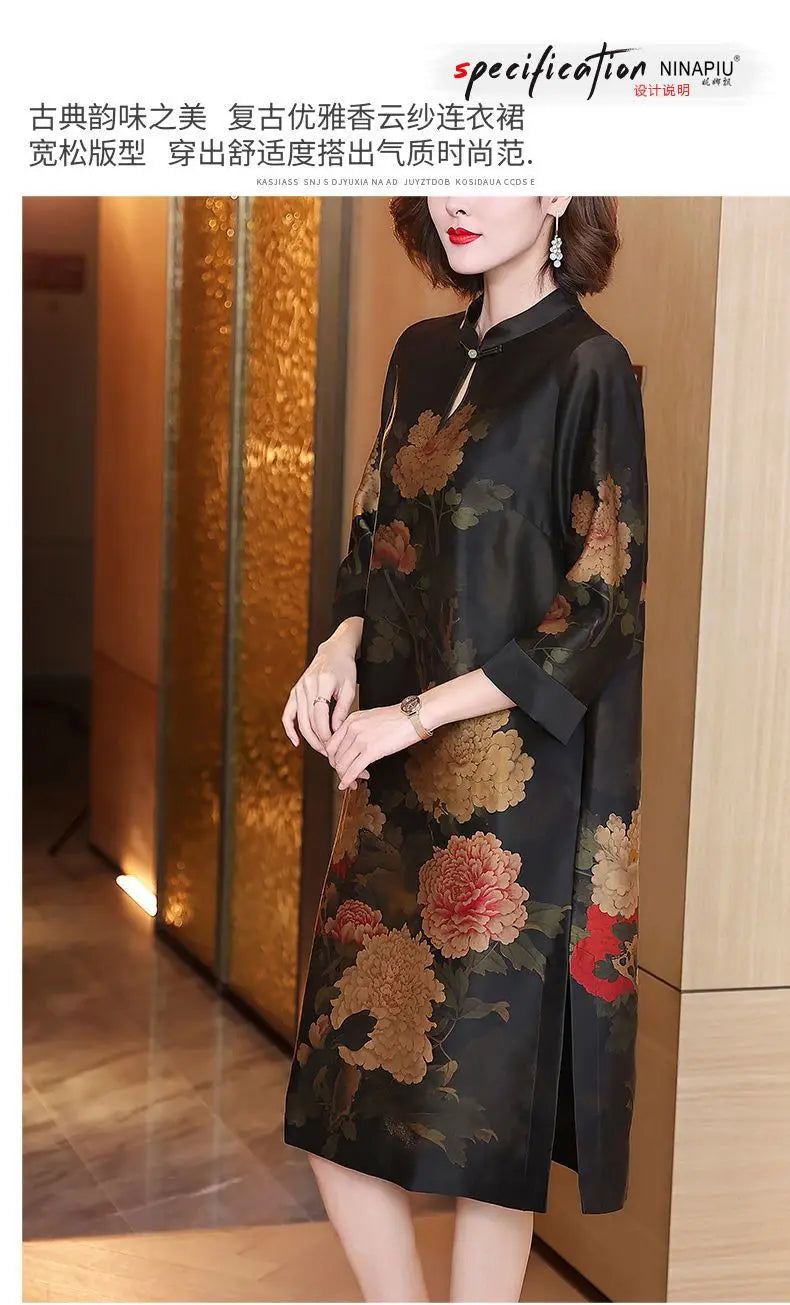 2024  chinese style disc buckle loose style printed cheongsam dress women spring stand collar retro daily long qipao skirt w300 - Seprincess