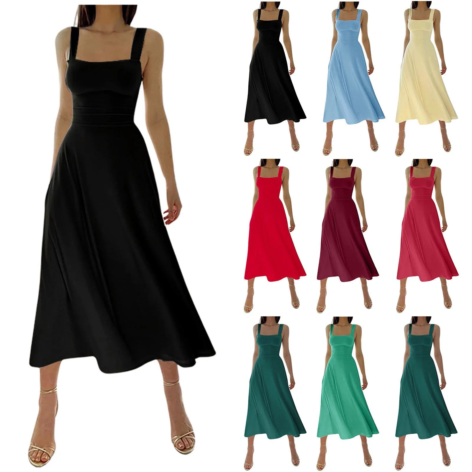 Casual Simple Solid Sundress Women High Waist Sleeveless Slash Neck Midi A-line Dress Oversized White Black Red Long Dresses - Seprincess