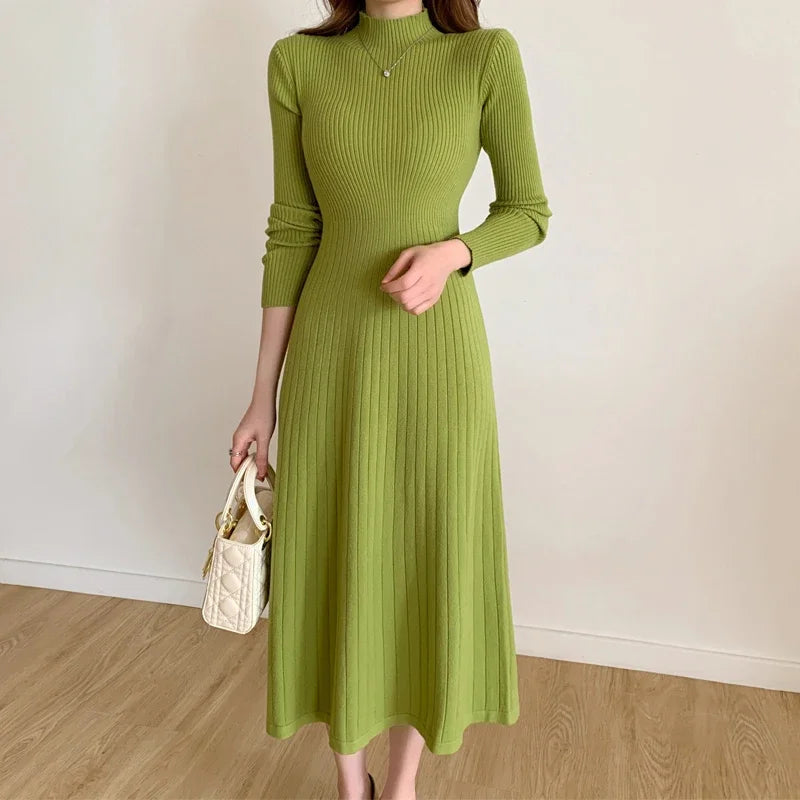 Autumn Winter 2024 Slim Long Sleeve Party Midi Dress for Women Knitted Half High Collar Elegant Knitted Sweater Dresses Ladies - Seprincess