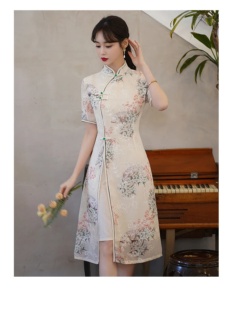 Retro Traditional Chinese Short Sleeve Cheongsam Clothing for Women Summer Modern Elegant Qipao Evening Dress - Seprincess