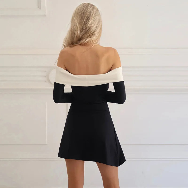 Mozision Off-shoulder Long Sleeve Mini Dress For Women Autumn Winter New Patchwork Strapless Backless A-line Sexy Dress Elegant - Seprincess