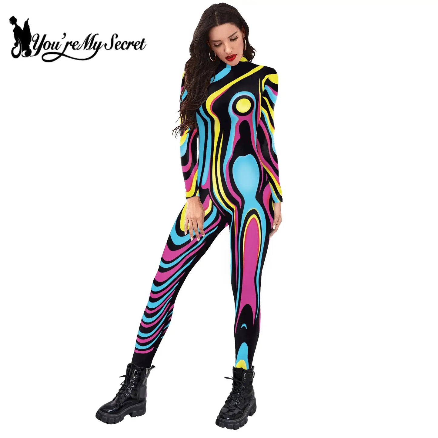 [You're My Secret] Women's Catsuit Fashion Funny Halloween Cosplay Costumes 3D Skeleton Muscle Print Zentai Bodysuit Jumpsuits - Seprincess