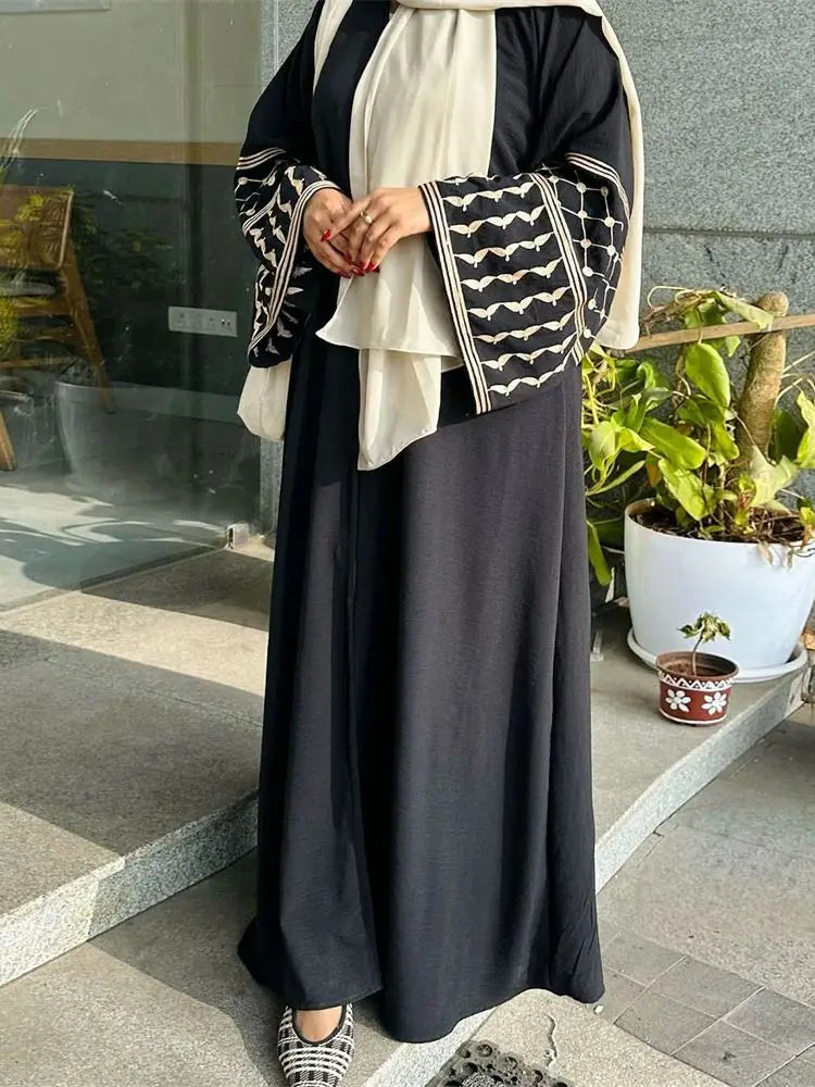 Linen Butterfly Embroidery Open Abaya Dubai Luxury 2024 Muslim Modest Kaftan Kimono Dresses Coat for Women Islam Clothing Kebaya - Seprincess